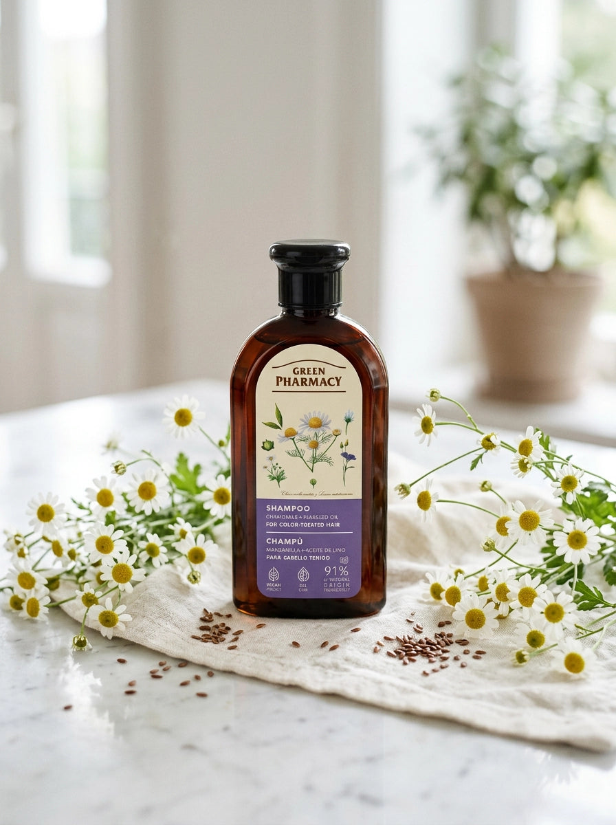 Champú para cabello teñido CAMOMILA Y ACEITE DE LINO 350ml