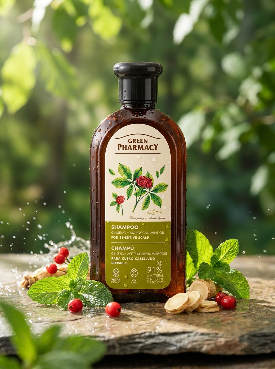 Champú con GINSENG y ACEITE DE MENTA  MARROQUÍ para cuero cabelludo sensible
