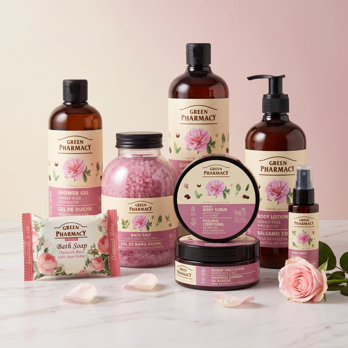 Pack Ritual Spa Rosa de Damasco Green Pharmacy con gel de ducha, sal de baño, exfoliante, manteca, loción, jabón y bruma corporal